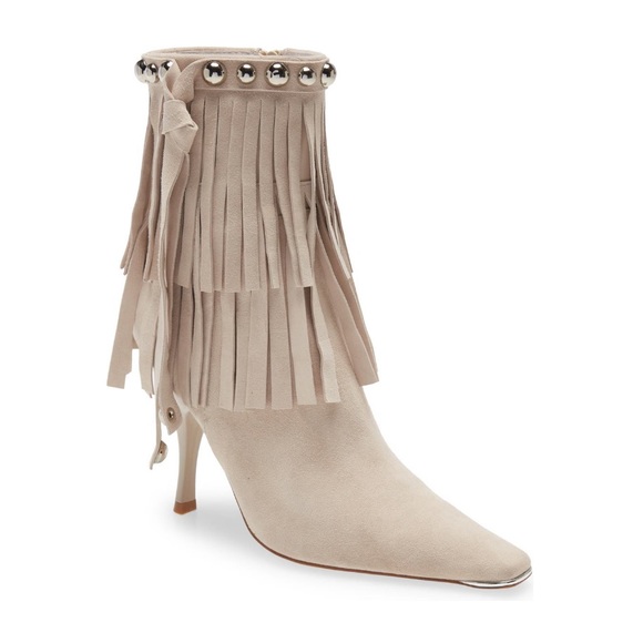 Jeffrey Campbell Stiletto Fringe Stud Bone White Suede Pointed Toe Bootie NWT - Picture 2 of 12